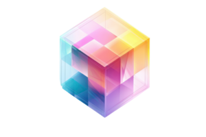 Vibrant, multicolored 3D cube with geometric patterns and gradients, illustrating modern abstract art and digital design concepts. png