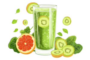 Refreshing green smoothie with kiwi, grapefruit, and spinach, perfect for a healthy snack or breakfast boost. png