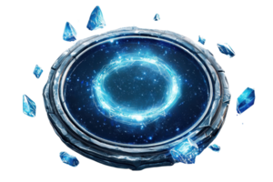 Mystical glowing blue portal surrounded by floating crystals, creating an enchanting and magical atmosphere against a dark background. png