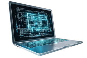 Modern laptop displaying a digital circuit and binary code, symbolizing technology, programming, and data analysis in a sleek design. png
