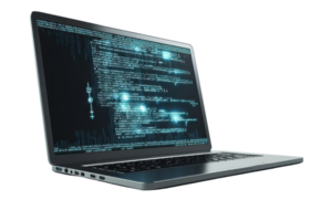 Open laptop displaying digital code with glowing blue data points, symbolizing modern technology and cybersecurity concepts. png