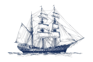 Vintage sketch of a sailing ship with detailed sails and rigging on open water. Perfect for nautical themes and maritime decor. png