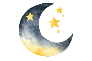 Whimsical watercolor illustration of a crescent moon and stars, creating a serene night sky scene with artistic charm and dreamy allure. png