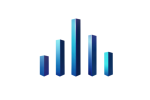 Abstract blue 3D bar graph illustrating business growth, data analytics, and financial strategy on a dark background. png
