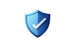 Blue shield with a checkmark symbol representing security and protection, ideal for illustrating digital safety and data security concepts. png