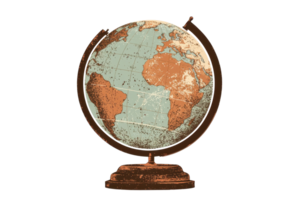 Vintage globe depicting continents, highlighting land and sea divisions in a classic style. Ideal for geography and travel concepts. png