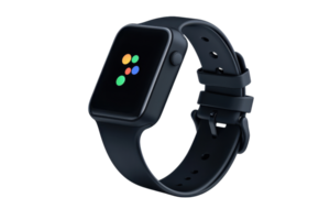 Black smartwatch with a sleek design displaying colorful icons. Perfect for technology and fitness enthusiasts, offering style and functionality. png