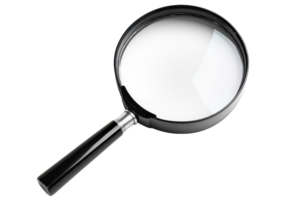 fechar-se do uma ampliação vidro em uma transparente fundo. simbolizando exploração, escrutínio, e investigação dentro uma minimalista Projeto. png