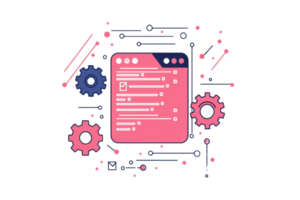 Abstract digital illustration of a futuristic user interface with gears and circuit elements, combining technology and innovation in vibrant colors. png