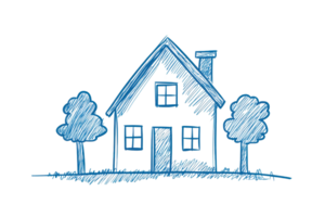 Blue sketch of a house with trees, showcasing a classic home design concept with architectural charm and simplicity. png