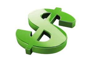 3D rendering of a glossy green dollar symbol, isolated on a transparent background. representing finance, economy, and monetary concepts. png