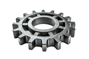 Close-up of a single metallic gear with teeth visible, isolated on a transparent background. Essential engineering component in machinery. png