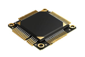 Close-up of a microchip with gold and black elements, showcasing intricate electronic design and advanced technology components on transparent background. png