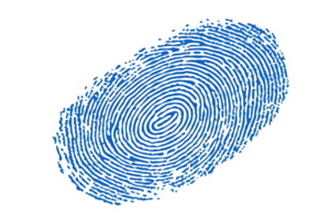 Close-up of a blue fingerprint on a transparent surface, highlighting unique patterns for identification and security in forensics and technology. png