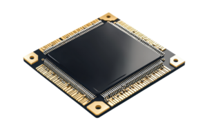 Close-up of a modern microchip on a transparent background. showcasing intricate circuit design and advanced technology components. png