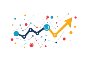 Colorful abstract representation of data analysis with zigzagging lines and upward arrow indicating growth and progress in business. png