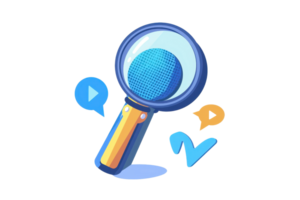 Colorful illustration of a cartoon magnifying glass with speech bubbles and numbers, symbolizing exploration and discovery. png