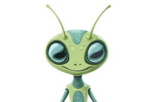 Cute green alien with big eyes and antennas, standing against a transparent background. Perfect for sci-fi, fantasy, or children's illustrations. png