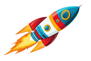 Colorful cartoon rocket blasting into space with fiery trail, symbolizing adventure and exploration in a playful style. png