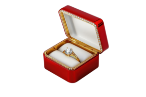 Elegant gold engagement ring with a large diamond in a luxurious red jewelry box, symbolizing love and commitment. Perfect for proposals. png