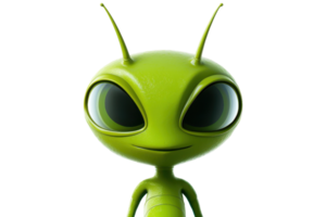Cute green alien character with large eyes and antennas, smiling against a plain background. Ideal for sci-fi, animation, and fantasy themes. png