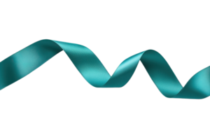 Elegant teal ribbon with a smooth satin texture, curled in a wavy pattern against a transparent background. Perfect for design elements. png