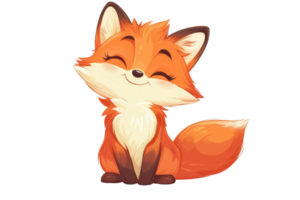 Cute, vibrant cartoon fox with a bushy tail, smiling joyfully. Perfect for whimsical designs and cheerful themes. Isolated on transparent background. png