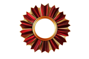 Elegant circular red and gold ribbon mirror frame isolated on transparent background. perfect for home decor and design projects. png