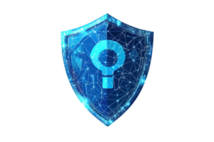 Digital security emblem with a glowing lock symbolizes cybersecurity and data protection in a futuristic tech design. png