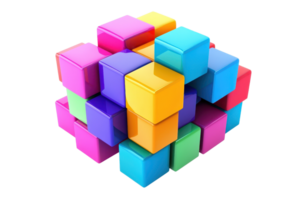 Colorful 3D cube composed of interlocking, glossy blocks in various vibrant hues, showcasing abstract geometric design and creative complexity. png