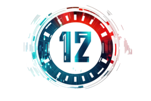 Digital futuristic number 12 displayed in an abstract design with red and blue colors, symbolizing technology and innovation. png