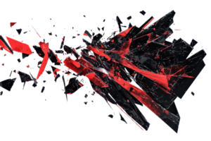 Dynamic abstract image of shattered red and black glass shards exploding on a transparent background. capturing a sense of motion and energy. png