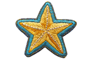 Colorful embroidered star patch with intricate stitching in gold and blue tones, ready for use in crafts or decoration. png