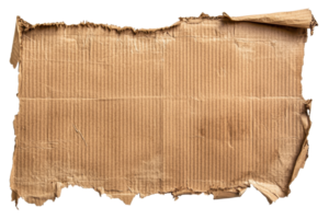 Close-up of a worn, textured piece of corrugated cardboard, showcasing its raw, rugged surface and natural color. Ideal for backgrounds. png