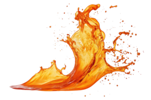 Dynamic splash of vibrant orange liquid with droplets, capturing motion, energy, and vivid color against a transparent background. png