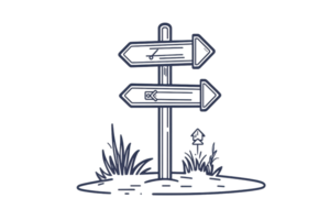Illustration of a directional signpost surrounded by foliage, depicting multiple paths and choices in life, on a transparent background. png