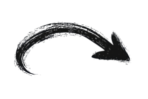 Hand-drawn black curved arrow on transparent background, symbolizing direction, movement, or guidance in a dynamic sketch style. png