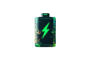 Glowing battery icon with a green lightning bolt, symbolizing energy and power. Perfect for technology or electronics design. png