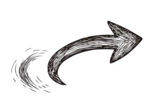 Hand-drawn sketch of a black arrow curving to the right, symbolizing direction and movement on a transparent background. png
