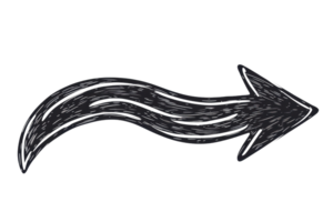 Illustration of a black, hand-drawn arrow with a curved body pointing right, isolated on a transparent background. symbolizing direction or movement. png
