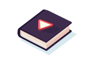 Illustration of a closed book with a play button on its cover, symbolizing audiovisual learning or multimedia education resources. png