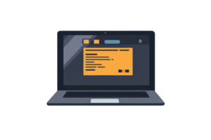 Illustration of a laptop displaying code on its screen with an orange background, ideal for technology and programming concepts. png