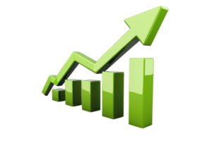 Green 3D bar graph with upward arrow symbolizing growth, success, and progress in finance or business on a transparent background. png