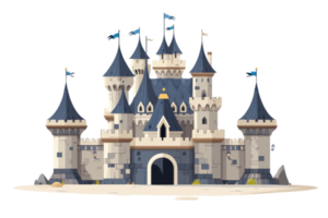 Enchanting fairy tale castle with turrets and flags, ideal for fantasy themes, storytelling, and children's illustrations. png