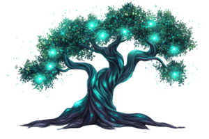 Enchanting mystical tree with glowing orbs and twisting branches, capturing a magical, fantasy-like atmosphere in vibrant colors. png