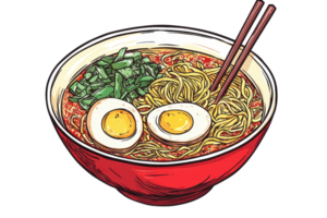 Illustration of a steaming bowl of ramen with boiled eggs, greens, and chopsticks. Perfect for Asian cuisine lovers and food illustrations enthusiasts. png