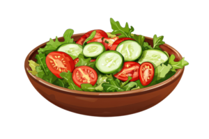 Fresh vegetable salad in a wooden bowl with tomatoes, cucumbers, and leafy greens. Perfect for a healthy and delicious meal option. png