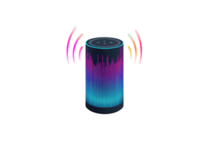 Smart speaker emitting colorful sound waves, representing modern technology and innovation in wireless audio devices for music playback. png
