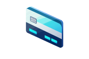 Isometric illustration of a modern payment card, representing digital finance and online transactions in a blue and white color scheme. png