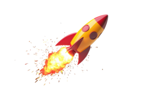 Vibrant cartoon rocket blasting into space with fiery exhaust, symbolizing adventure and innovation in a fun and playful style. png